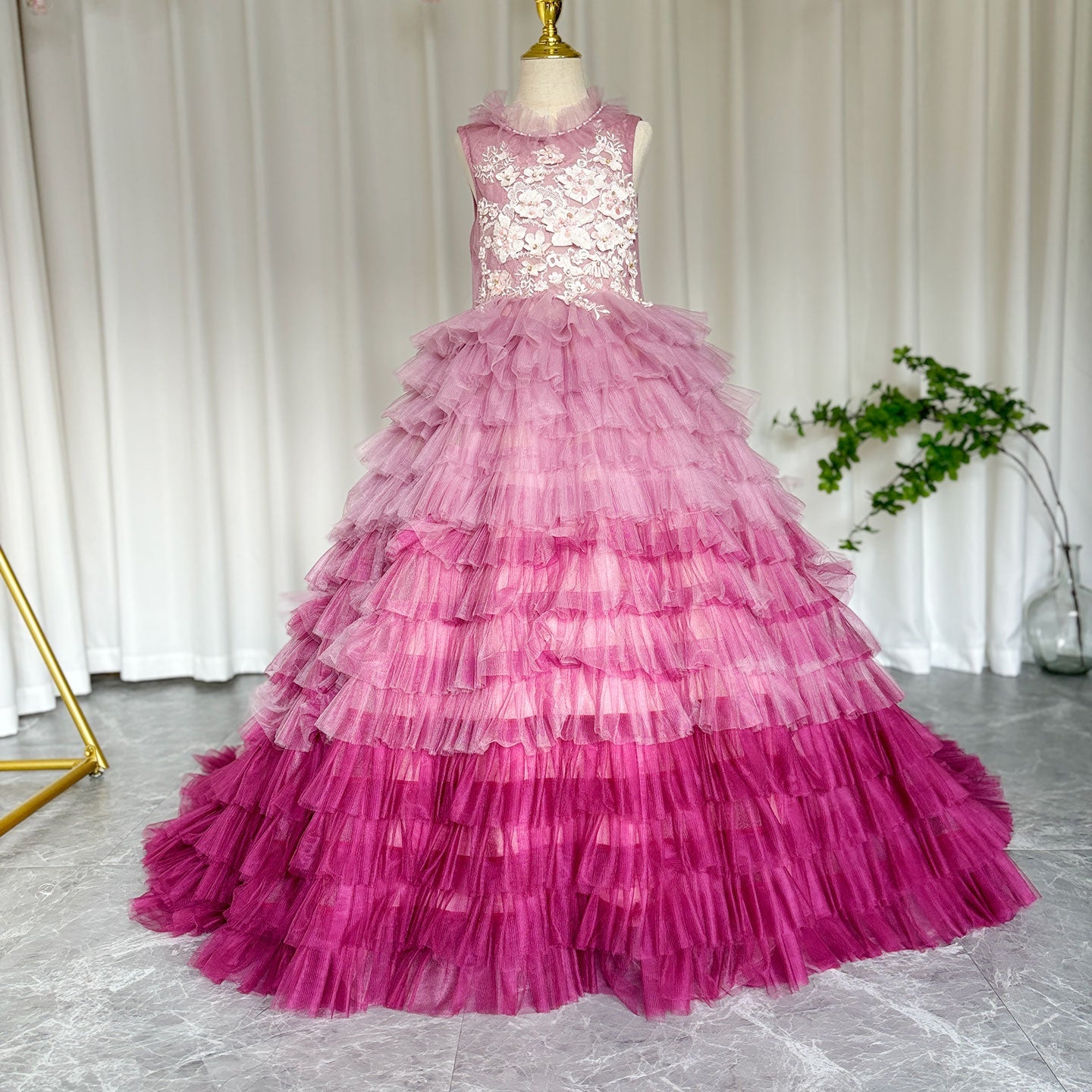 Luxury Fuchsia Flower Girl Dress Tiered Applique Princess Gown J017