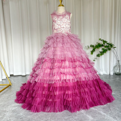 Luxury Fuchsia Flower Girl Dress Tiered Applique Princess Gown J017