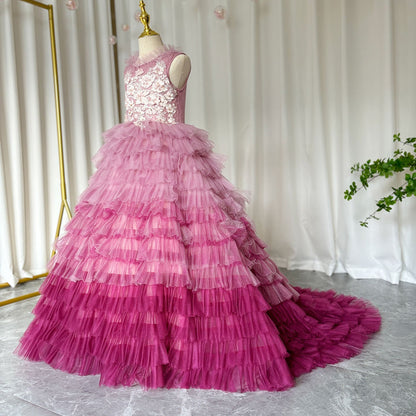 Luxury Fuchsia Flower Girl Dress Tiered Applique Princess Gown J017