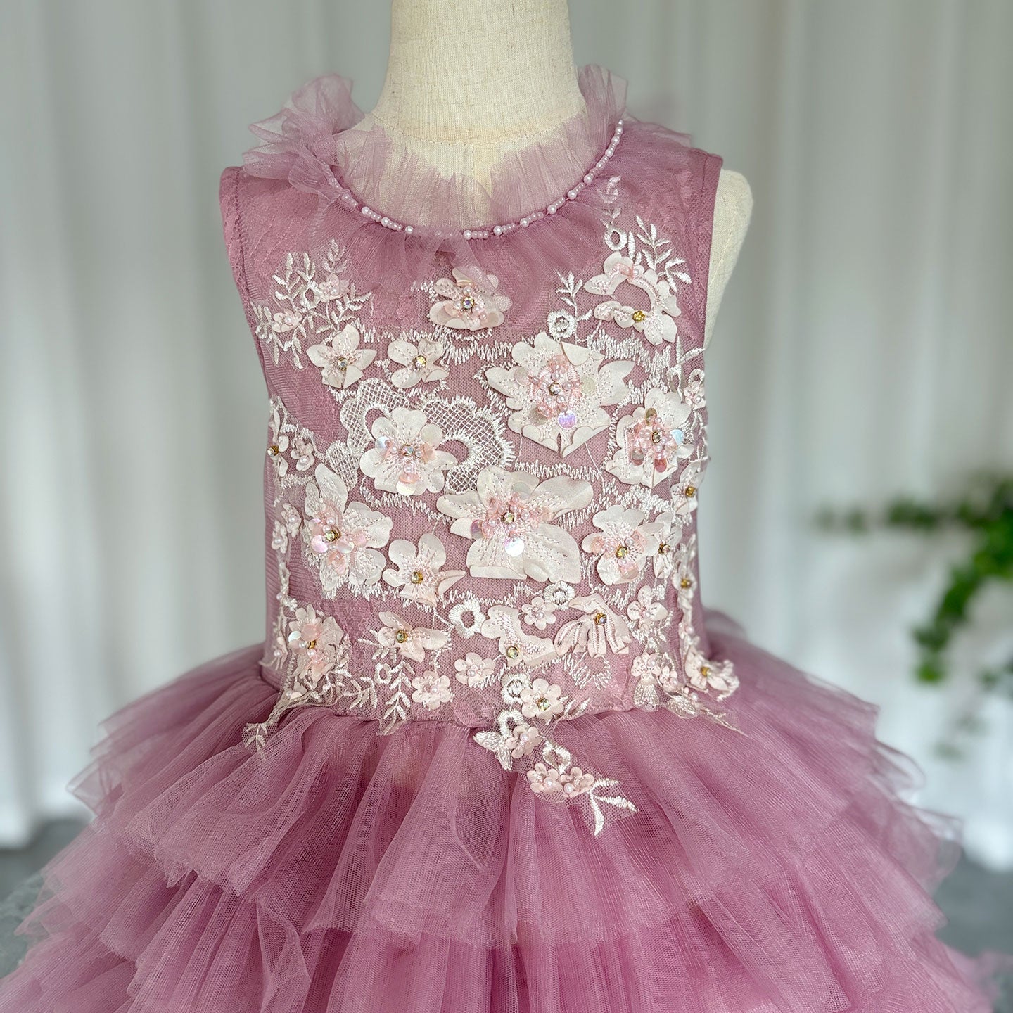 Luxury Fuchsia Flower Girl Dress Tiered Applique Princess Gown J017