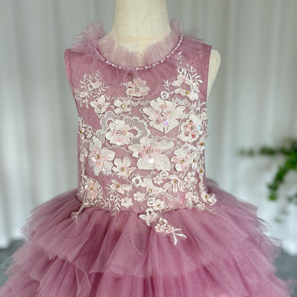 Luxury Fuchsia Flower Girl Dress Tiered Applique Princess Gown J017