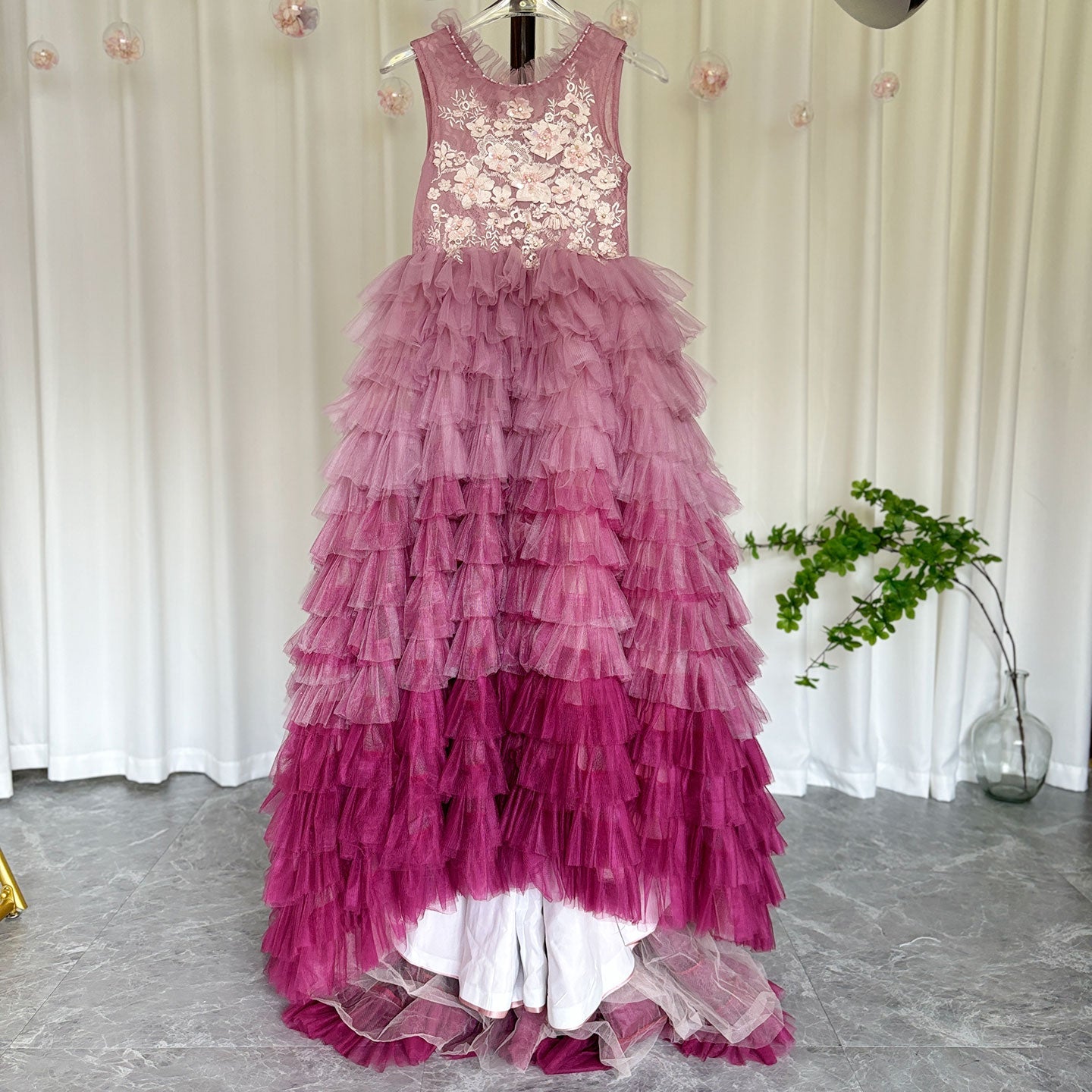 Luxury Fuchsia Flower Girl Dress Tiered Applique Princess Gown J017