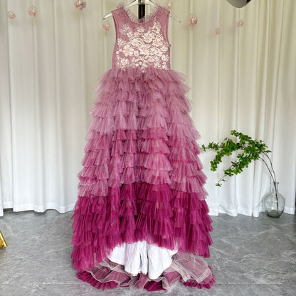 Luxury Fuchsia Flower Girl Dress Tiered Applique Princess Gown J017