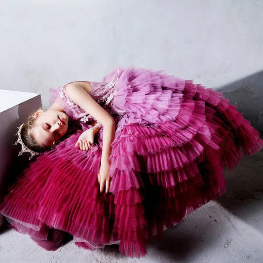 Luxury Fuchsia Flower Girl Dress Tiered Applique Princess Gown J017