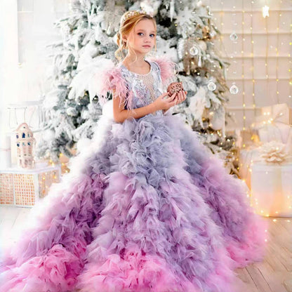 Luxury Girl Dress Feathers Beading Princess Prom Gown for Kids J163