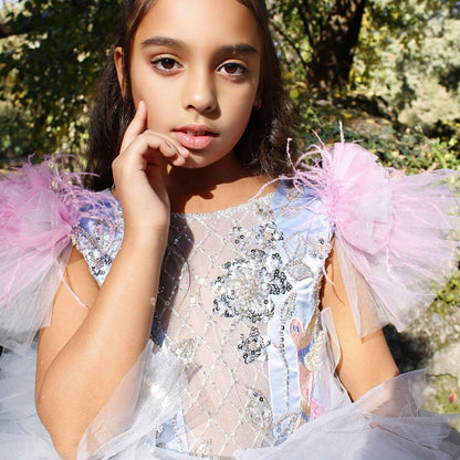 Luxury Girl Dress Feathers Beading Princess Prom Gown for Kids J163