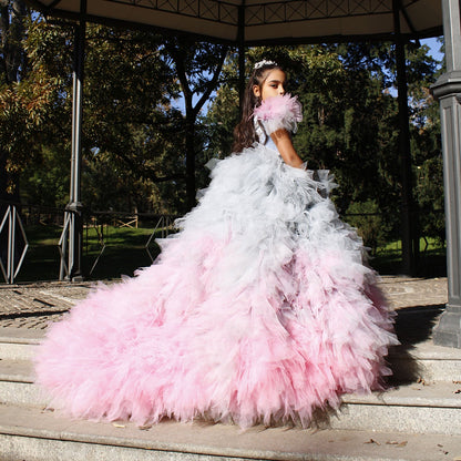 Luxury Girl Dress Feathers Beading Princess Prom Gown for Kids J163