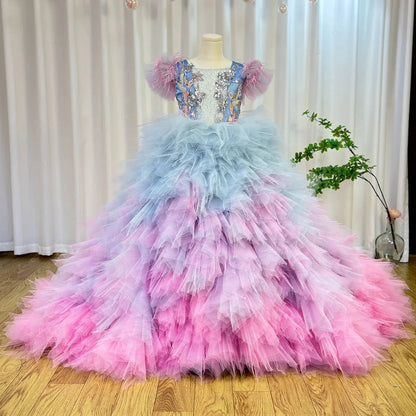 Luxury Girl Dress Feathers Beading Princess Prom Gown for Kids J163