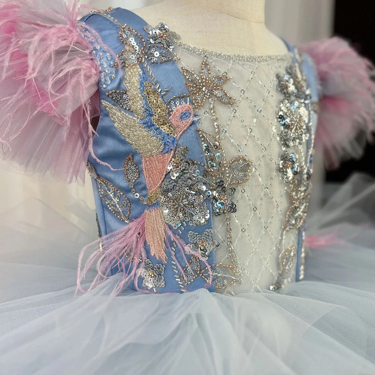 Luxury Girl Dress Feathers Beading Princess Prom Gown for Kids J163