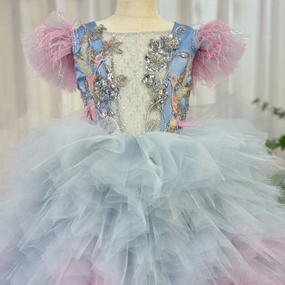 Luxury Girl Dress Feathers Beading Princess Prom Gown for Kids J163