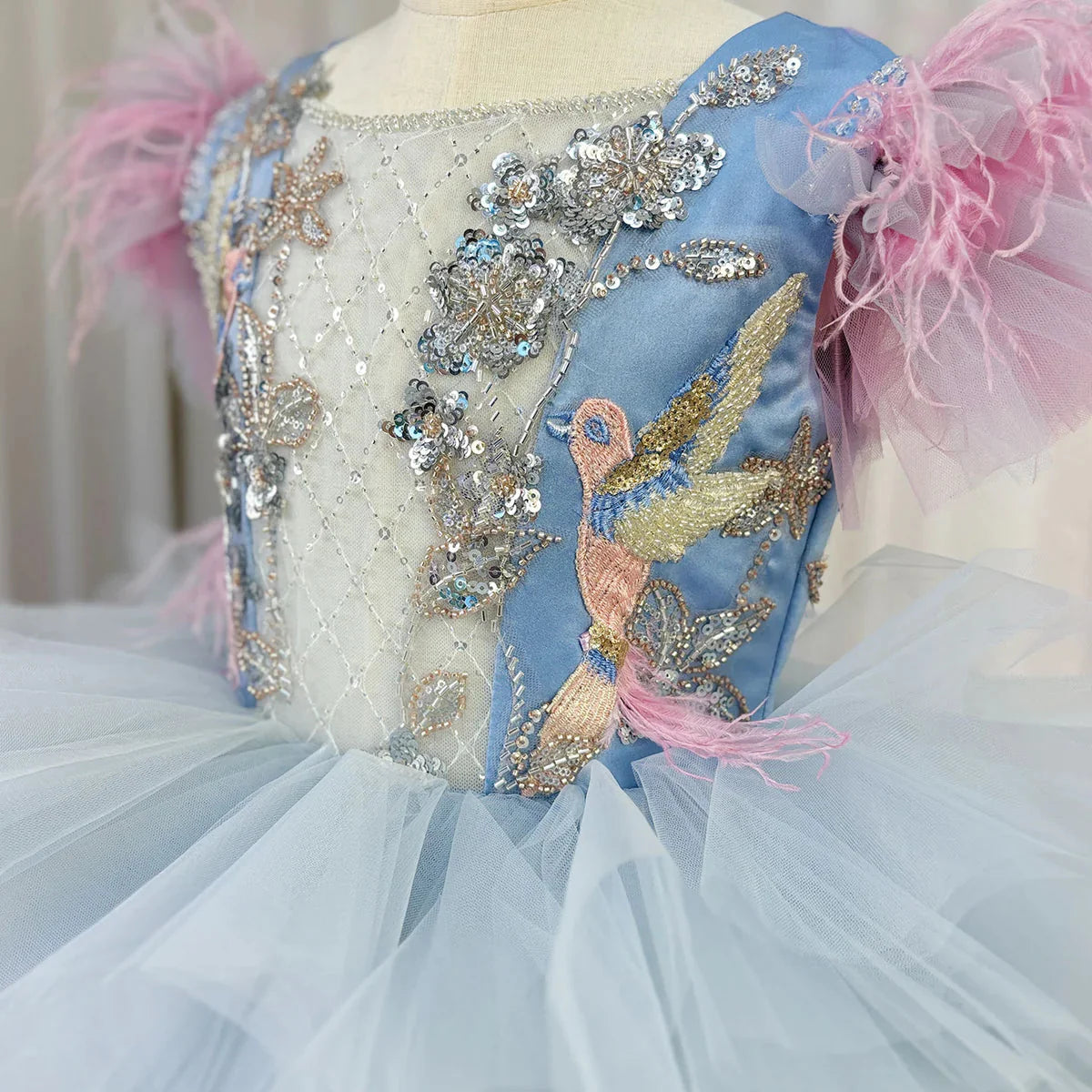 Luxury Girl Dress Feathers Beading Princess Prom Gown for Kids J163