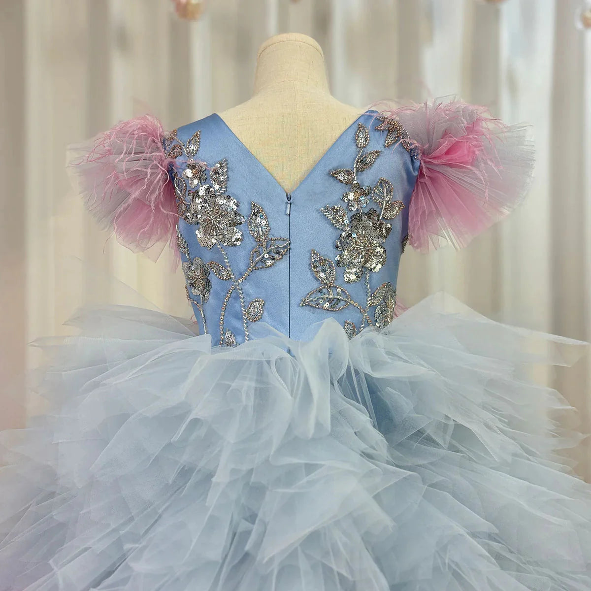 Luxury Girl Dress Feathers Beading Princess Prom Gown for Kids J163
