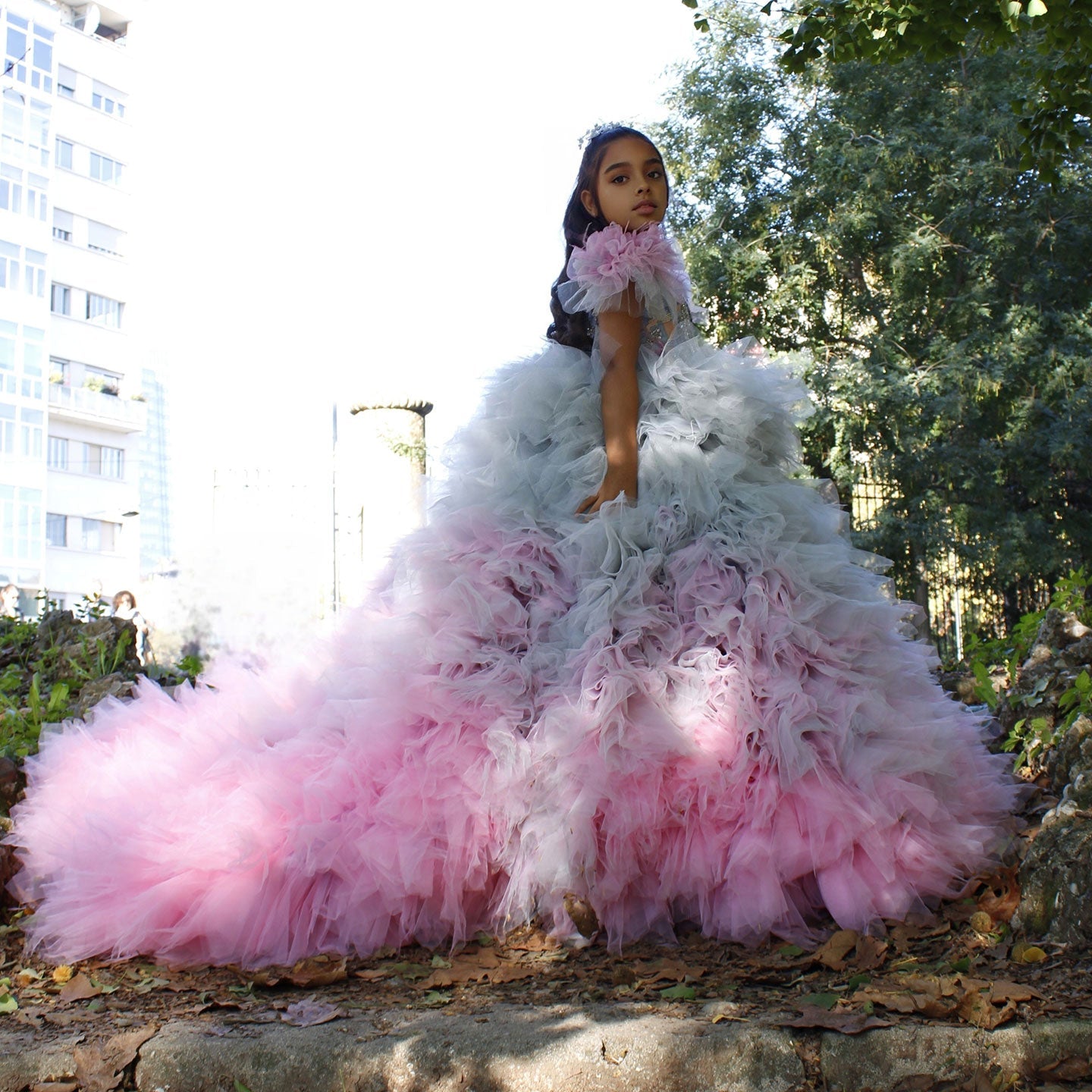 Luxury Girl Dress Feathers Beading Princess Prom Gown for Kids J163