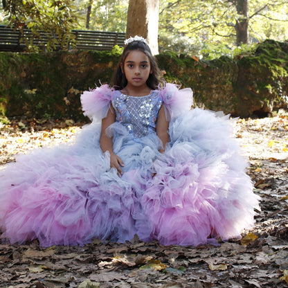 Luxury Girl Dress Feathers Beading Princess Prom Gown for Kids J163