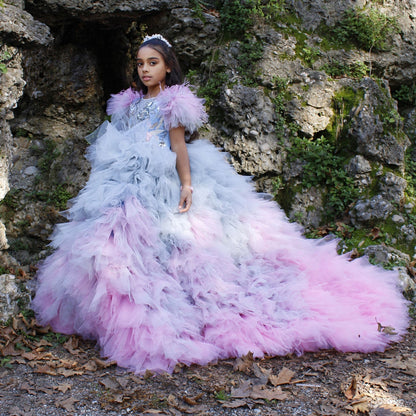 Luxury Girl Dress Feathers Beading Princess Prom Gown for Kids J163