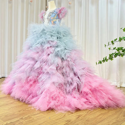 Luxury Girl Dress Feathers Beading Princess Prom Gown for Kids J163