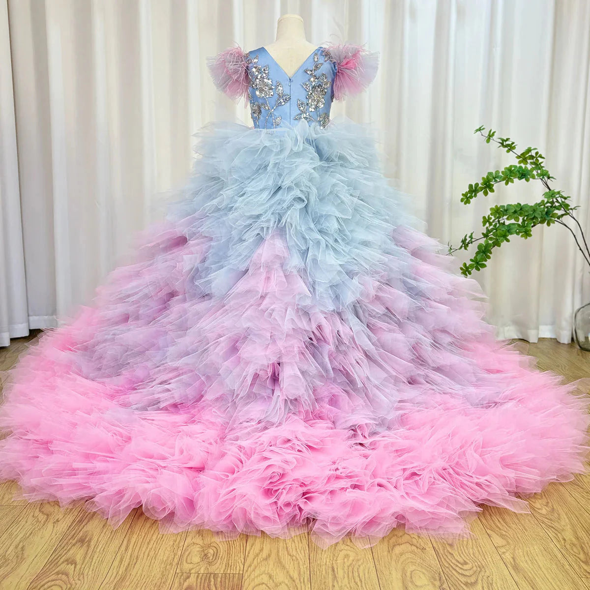 Luxury Girl Dress Feathers Beading Princess Prom Gown for Kids J163