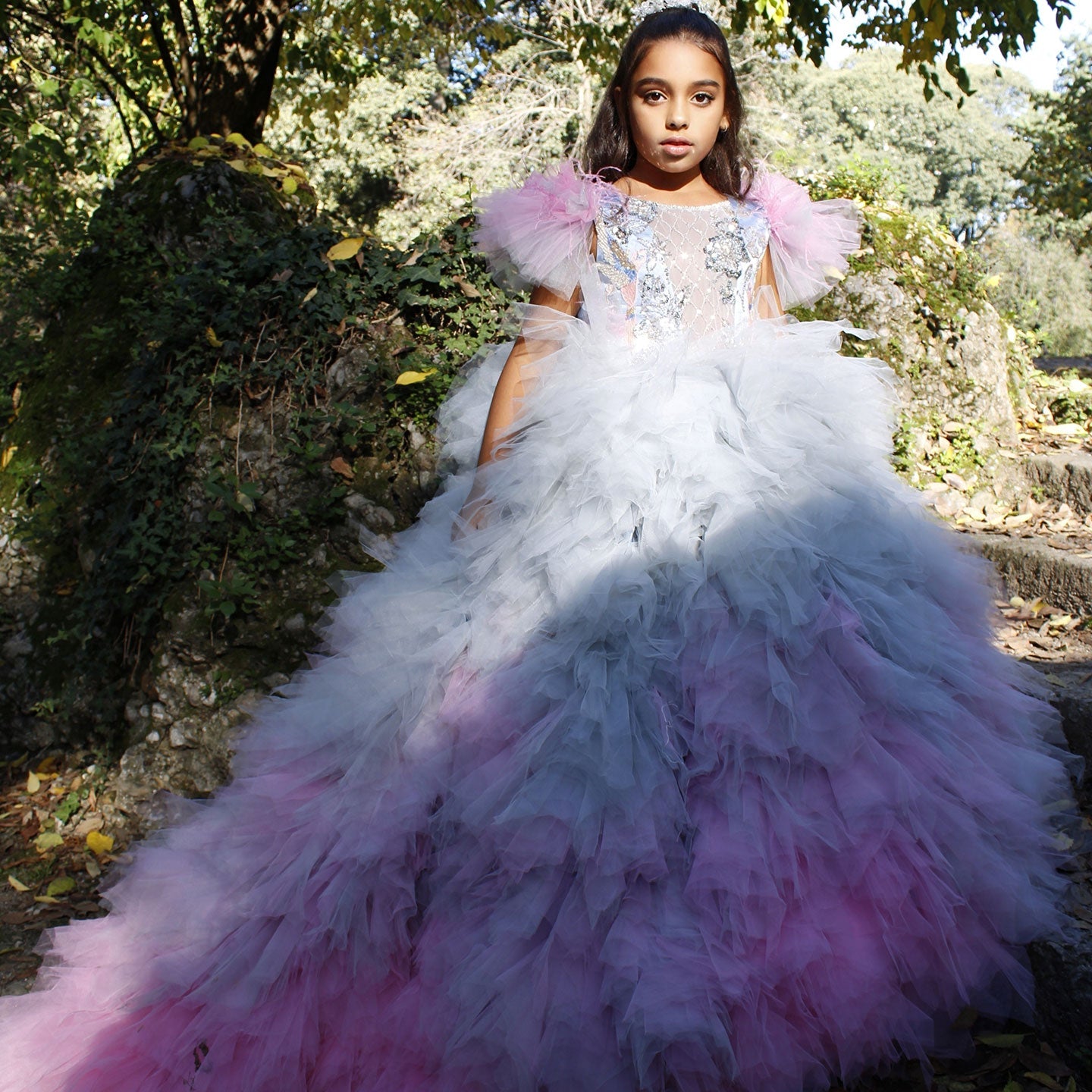 Luxury Girl Dress Feathers Beading Princess Prom Gown for Kids J163