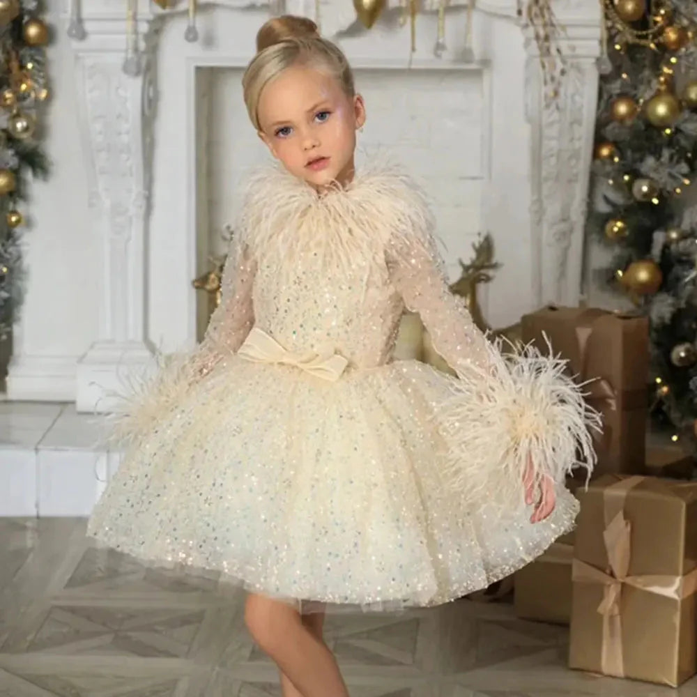 Luxury Gold Girl Dress Feathers Sequined Dubai Kids Wedding J320