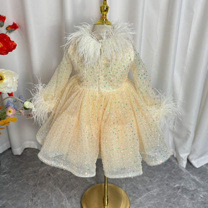 Luxury Gold Girl Dress Feathers Sequined Dubai Kids Wedding J320