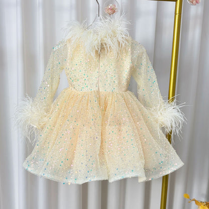 Luxury Gold Girl Dress Feathers Sequined Dubai Kids Wedding J320
