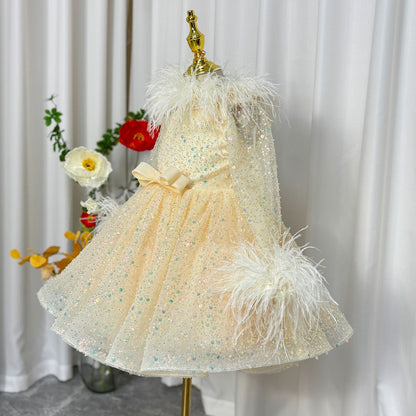 Luxury Gold Girl Dress Feathers Sequined Dubai Kids Wedding J320