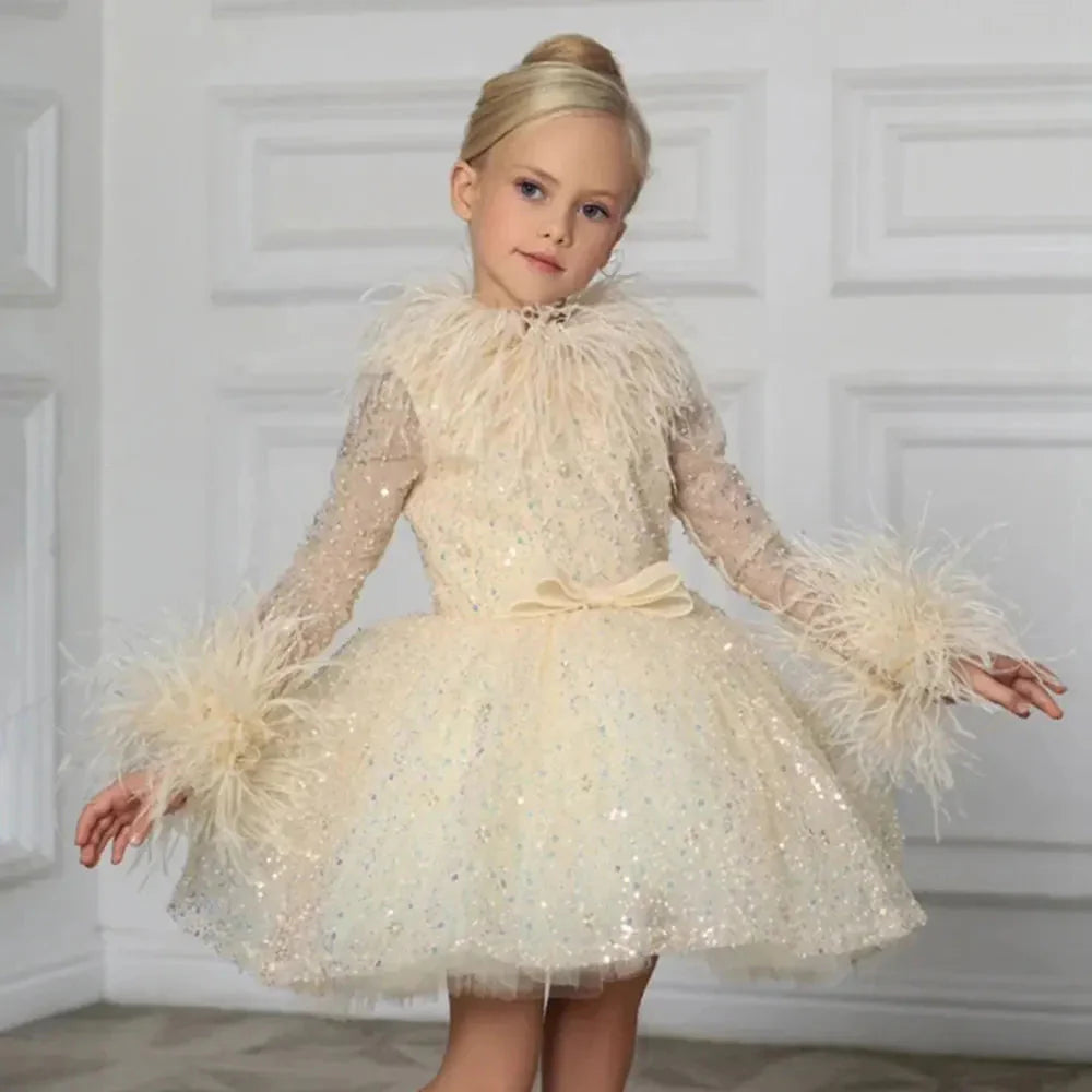 Luxury Gold Girl Dress Feathers Sequined Dubai Kids Wedding J320