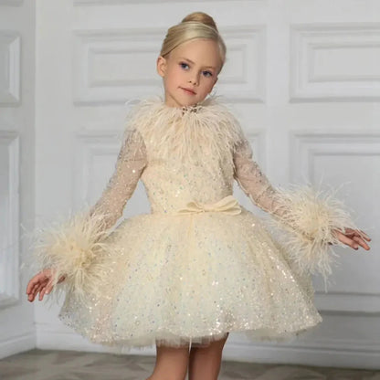 Luxury Gold Girl Dress Feathers Sequined Dubai Kids Wedding J320