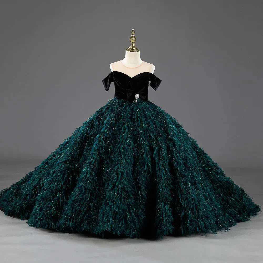 Luxury Green Flower Girl Dresses Feathers Ball Gown for Princess J007