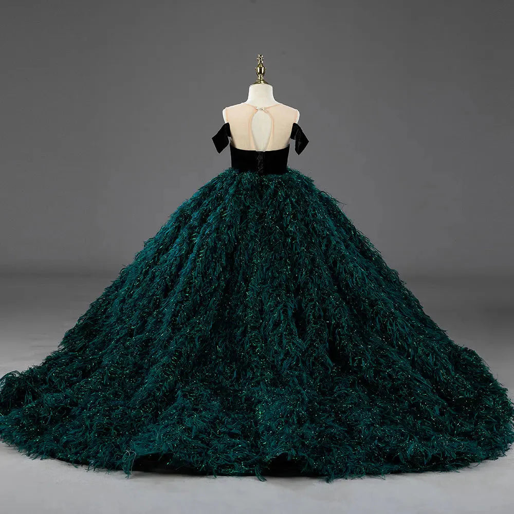 Luxury Green Flower Girl Dresses Feathers Ball Gown for Princess J007