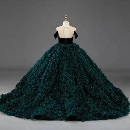 Luxury Green Flower Girl Dresses Feathers Ball Gown for Princess J007