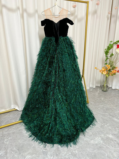 Luxury Green Flower Girl Dresses Feathers Ball Gown for Princess J007