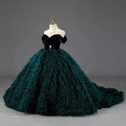 Luxury Green Flower Girl Dresses Feathers Ball Gown for Princess J007