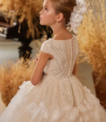 Luxury Ivory Flower Girl Dress Beading Elegant Princess Kids J265