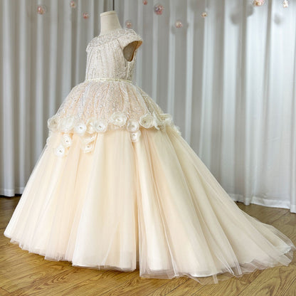 Luxury Ivory Flower Girl Dress Beading Elegant Princess Kids J265