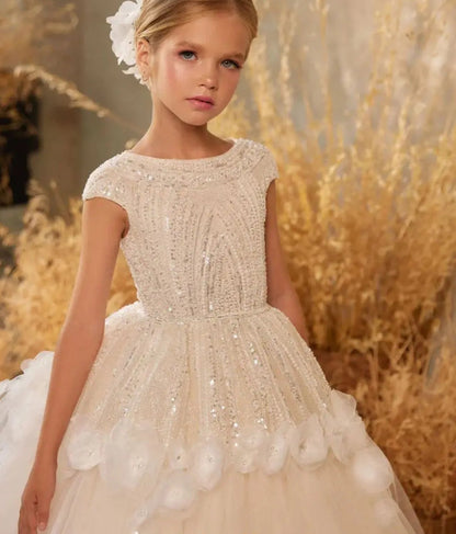 Luxury Ivory Flower Girl Dress Beading Elegant Princess Kids J265
