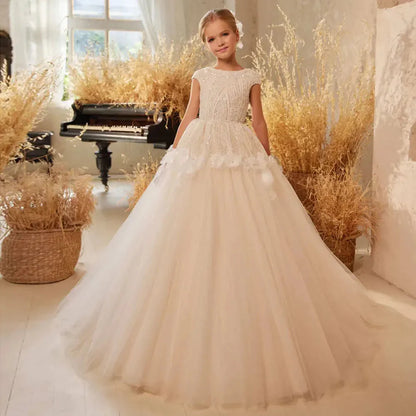 Luxury Ivory Flower Girl Dress Beading Elegant Princess Kids J265