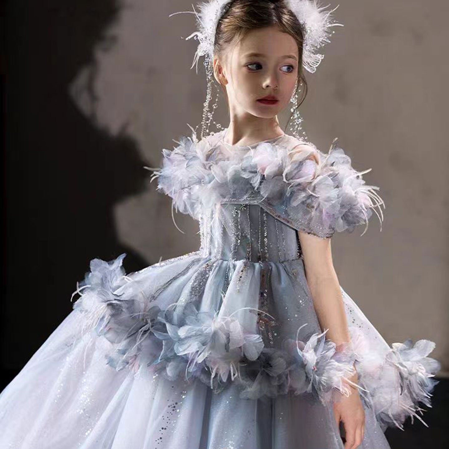 Luxury Lilac Flower Girl Dress Arabic Princess Kids Floor Length J083