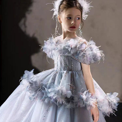 Luxury Lilac Flower Girl Dress Arabic Princess Kids Floor Length J083