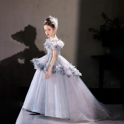 Luxury Lilac Flower Girl Dress Arabic Princess Kids Floor Length J083