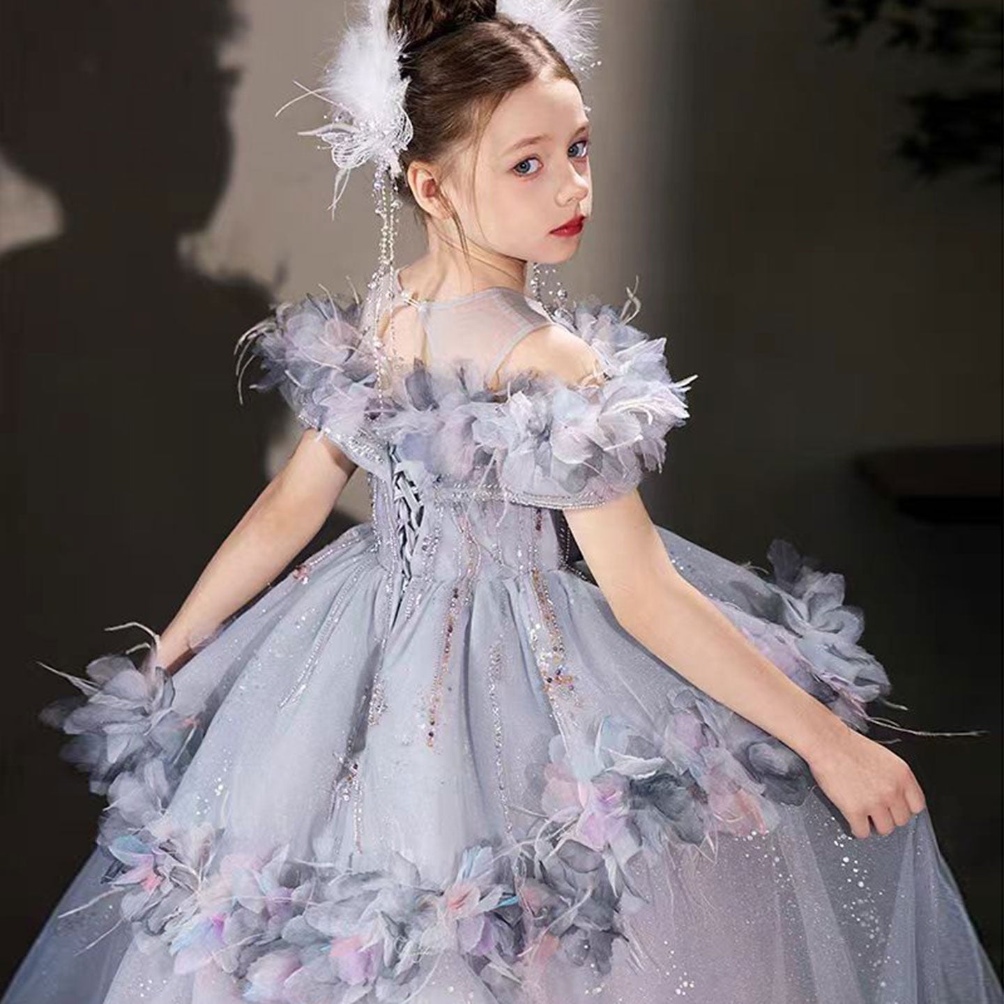 Luxury Lilac Flower Girl Dress Arabic Princess Kids Floor Length J083