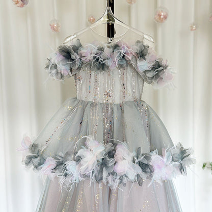 Luxury Lilac Flower Girl Dress Arabic Princess Kids Floor Length J083