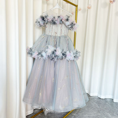 Luxury Lilac Flower Girl Dress Arabic Princess Kids Floor Length J083