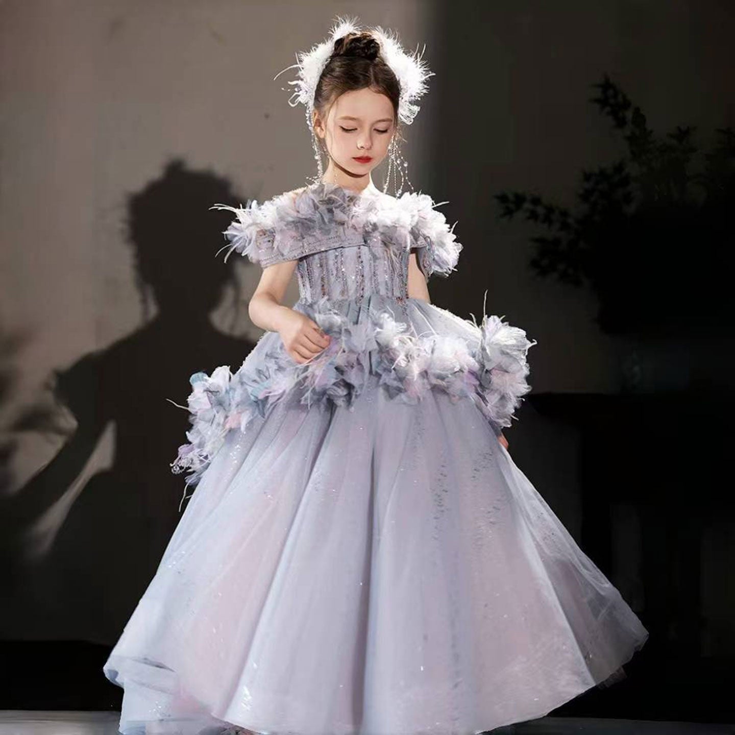 Luxury Lilac Flower Girl Dress Arabic Princess Kids Floor Length J083