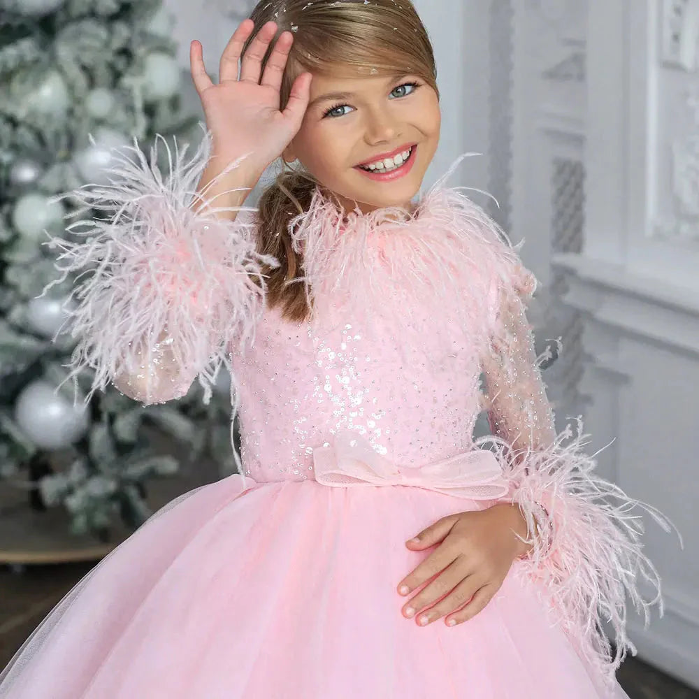 Luxury Lilac Girl Dress Feathers Long Sleeve Princess Ball Gown J371