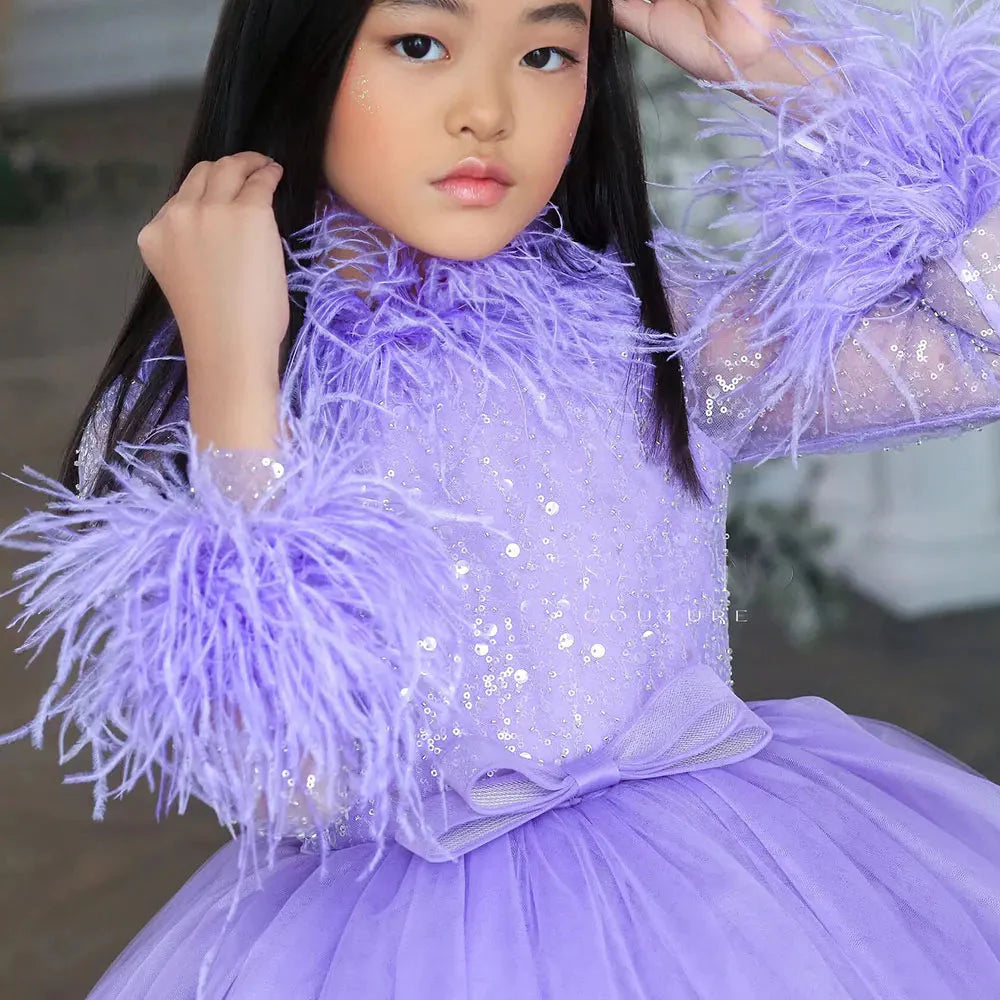 Luxury Lilac Girl Dress Feathers Long Sleeve Princess Ball Gown J371