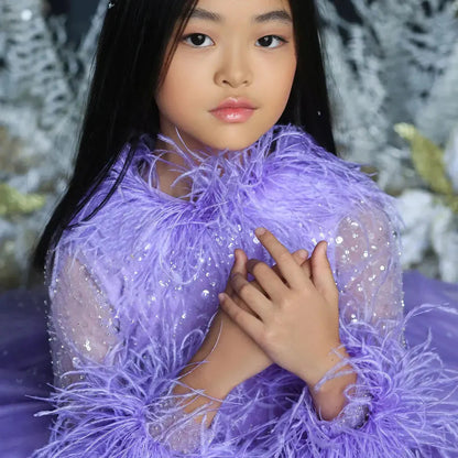 Luxury Lilac Girl Dress Feathers Long Sleeve Princess Ball Gown J371