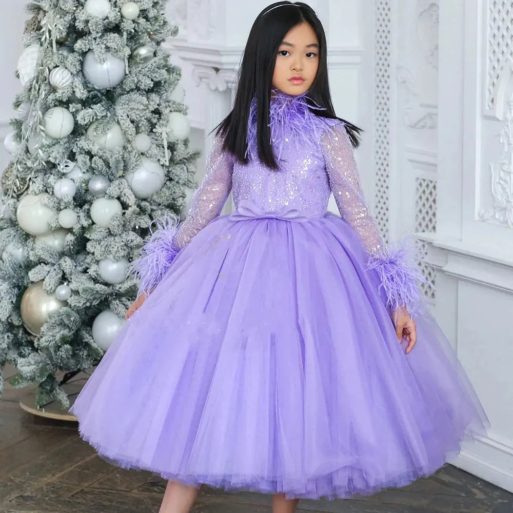 Luxury Lilac Girl Dress Feathers Long Sleeve Princess Ball Gown J371