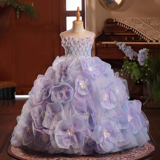 Luxury Lilac Handmade Flowers Girl Dress for Party Pageant Gown J075