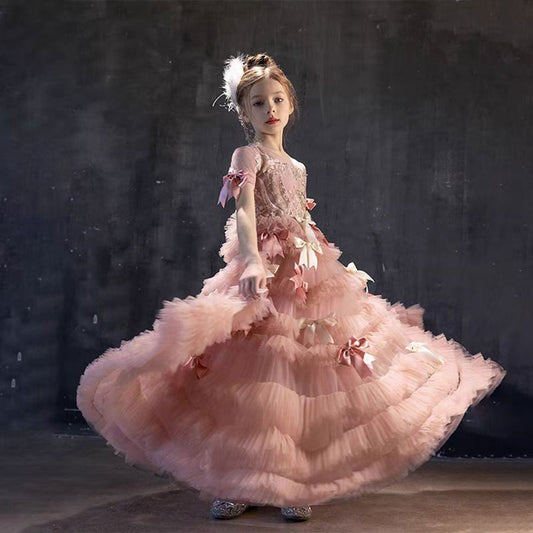 Luxury Pink A-Line Beading Girl Dress Princess Birthday Gown J084